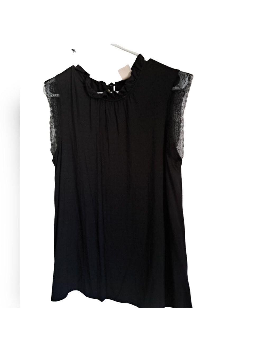 MATILDA JANE Good Hart black tank top lace edging mini ruffle drawstring collar